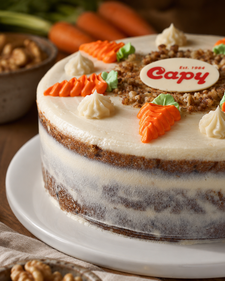 Pastel de zanahoria Capy con cobertura blanca, nueces y zanahorias decorativas