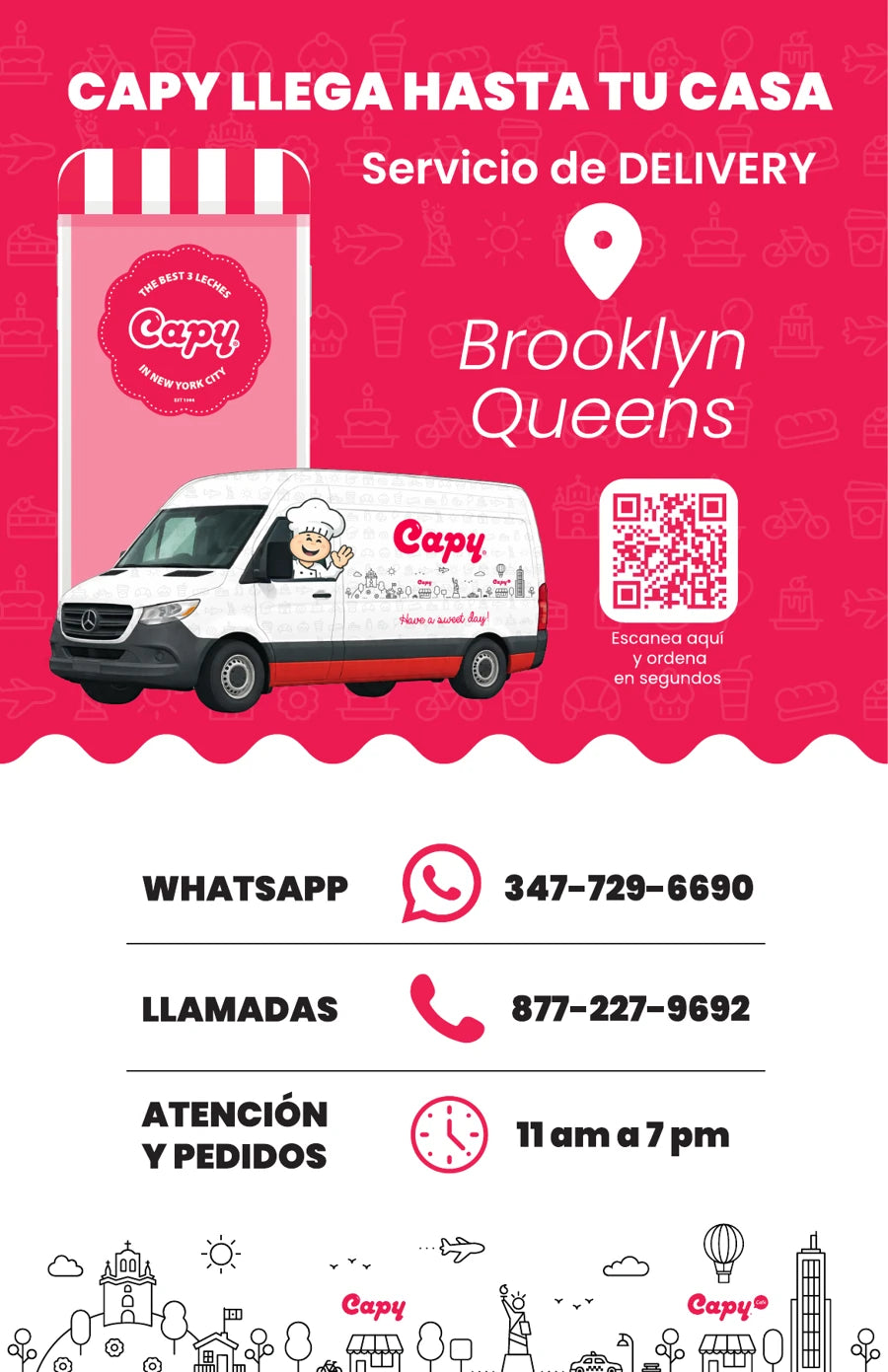 Camioneta Capy y anuncio de delivery en Brooklyn y Queens